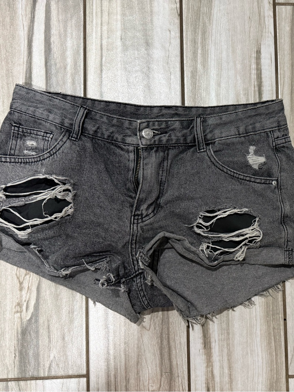 SHEIN’s Women’s Size 30 inch waist Distressed Denim Shorts - Charcoal Gray